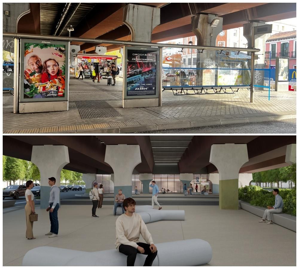 Estado de otra de las zonas peatonales bajo el puente (arriba) y proyecto para su rehabilitación.