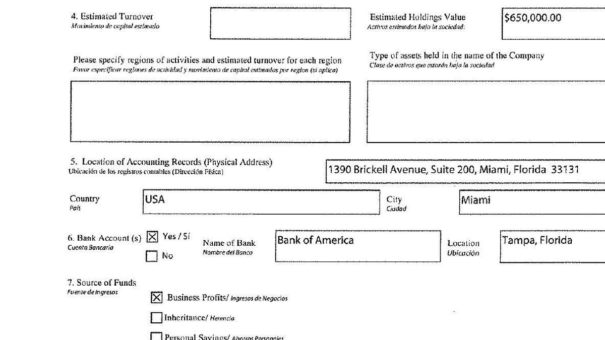Sunstar Point también tuvo una cuenta bancaria en el Bank of Amerika de Tampa, en Estados Unidos, según los documentos firmados por Diago.