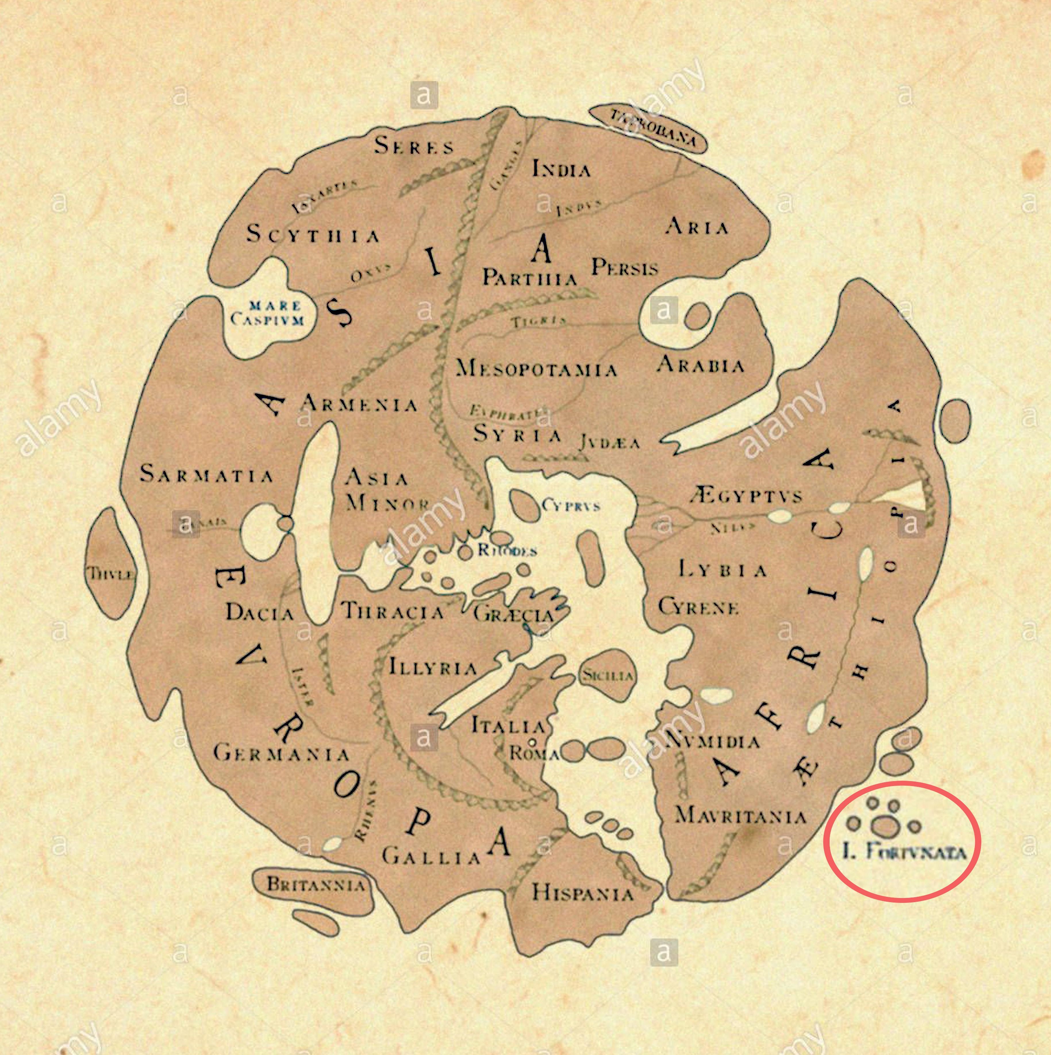 Supuesto mapa realizado por encargo del general romano Agripa. Abajo a la derecha, están cinco islas denominadas Fortunata, y sobre ellas, dos sin nombre que podrían ser Lanzarote y Fuerteventura