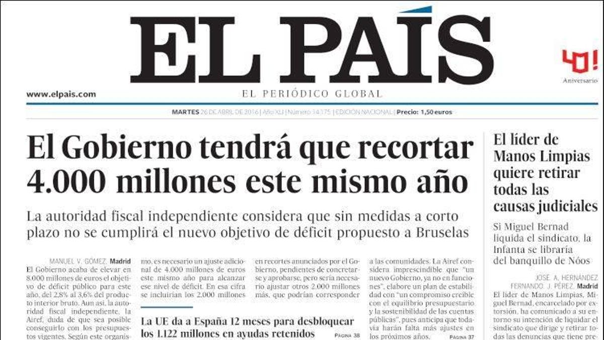 Portada de El País con la demanda a eldiario.es