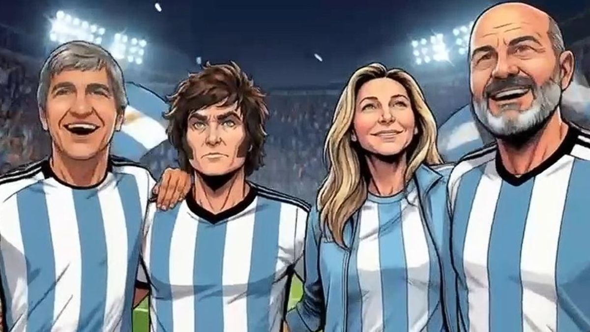 Javier Milei, junto a Luis Caputo, su hermana Karina y Federico Sturzenegger, en modo "Supercampeones".