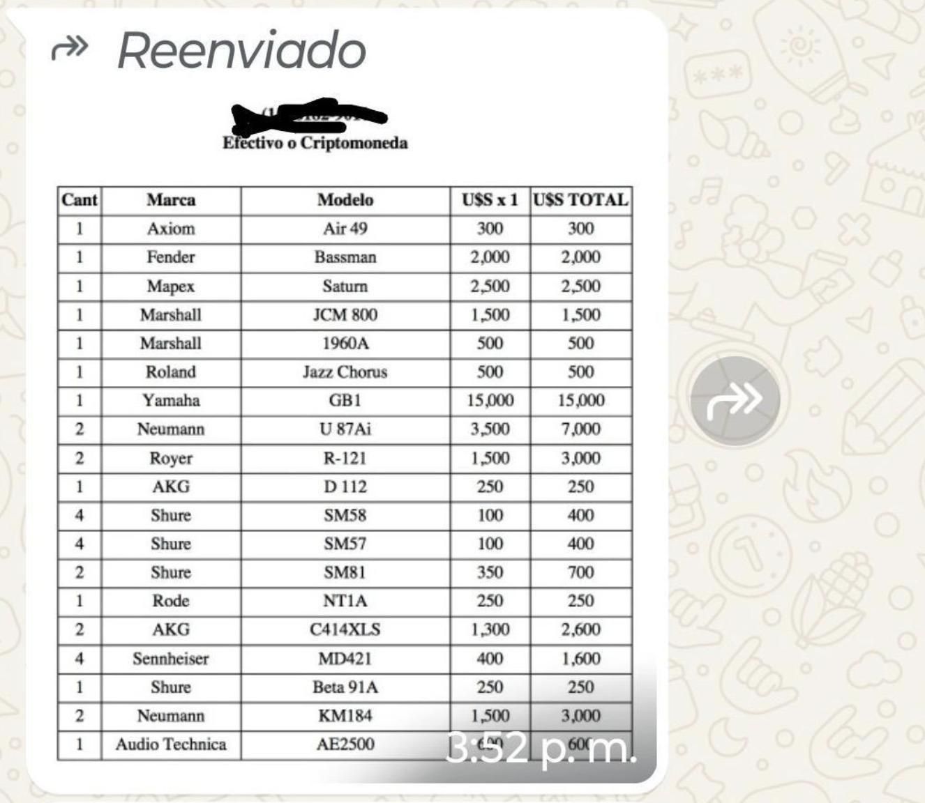 El listado de equipos de sonido y grabación que se hizo viral.