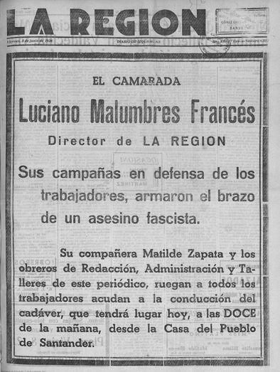 Portada de La Región anunciando la muerte de su director, Luciano Malumbres.