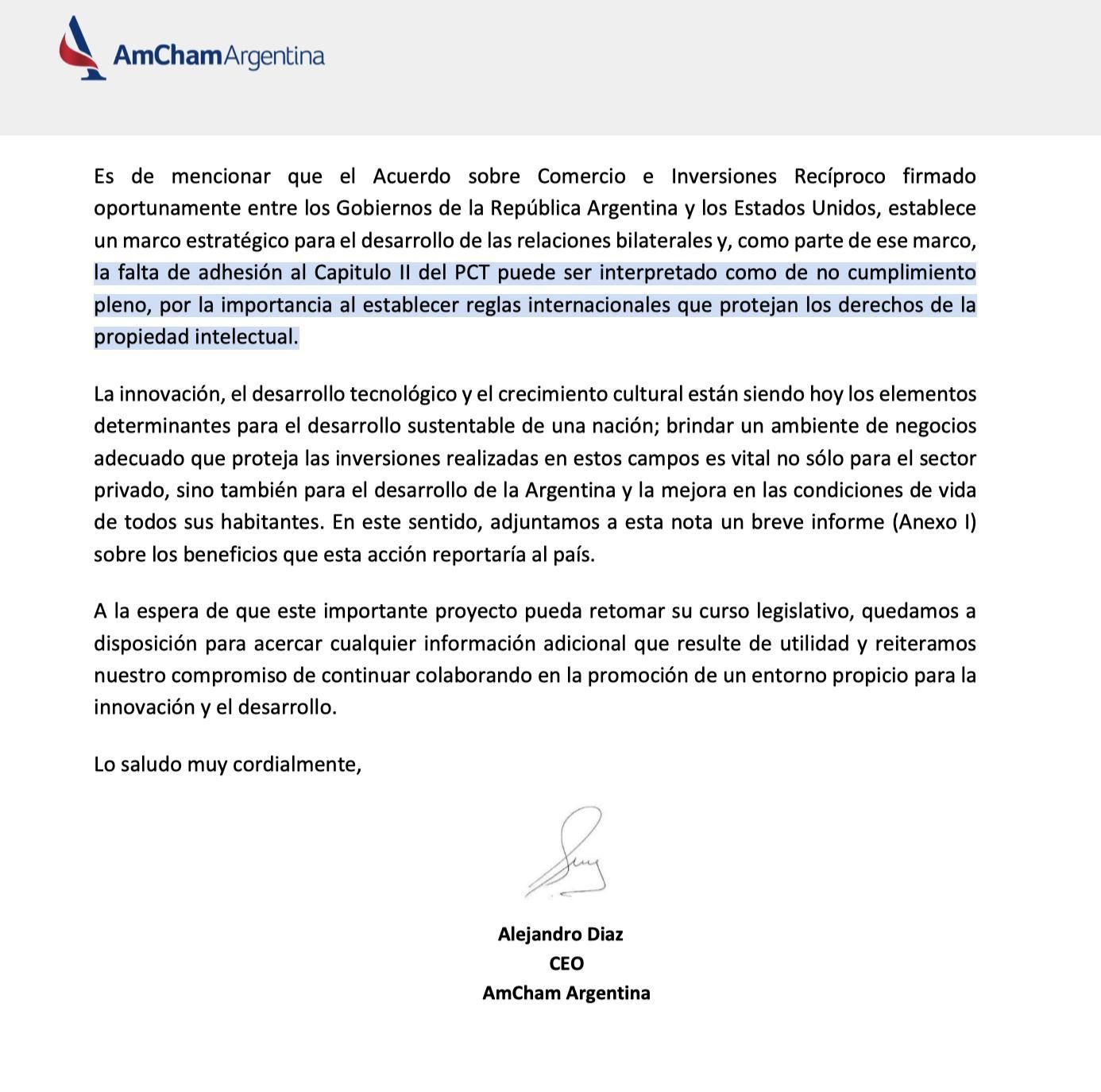 Un extracto del texto de la AmCham enviado a la diputada Juliana Santillán.