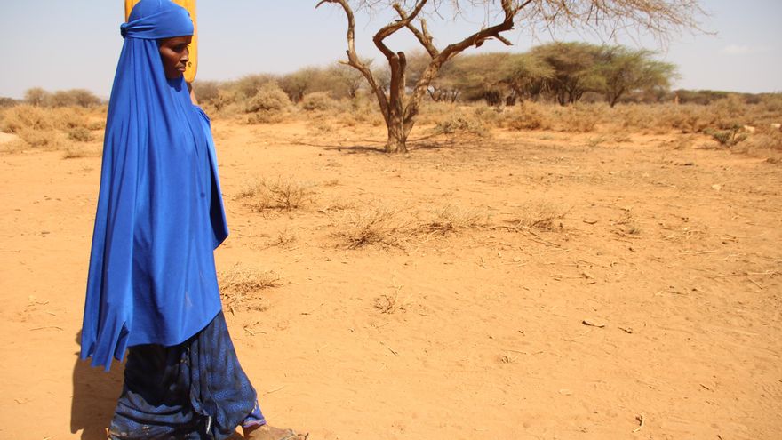 Hoodo, madre de ocho hijos, recoge el agua después de una entrega de Save the Children en el pueblo de Gaatama, a las afueras de Burao en Somalilandia afectada por la sequía.