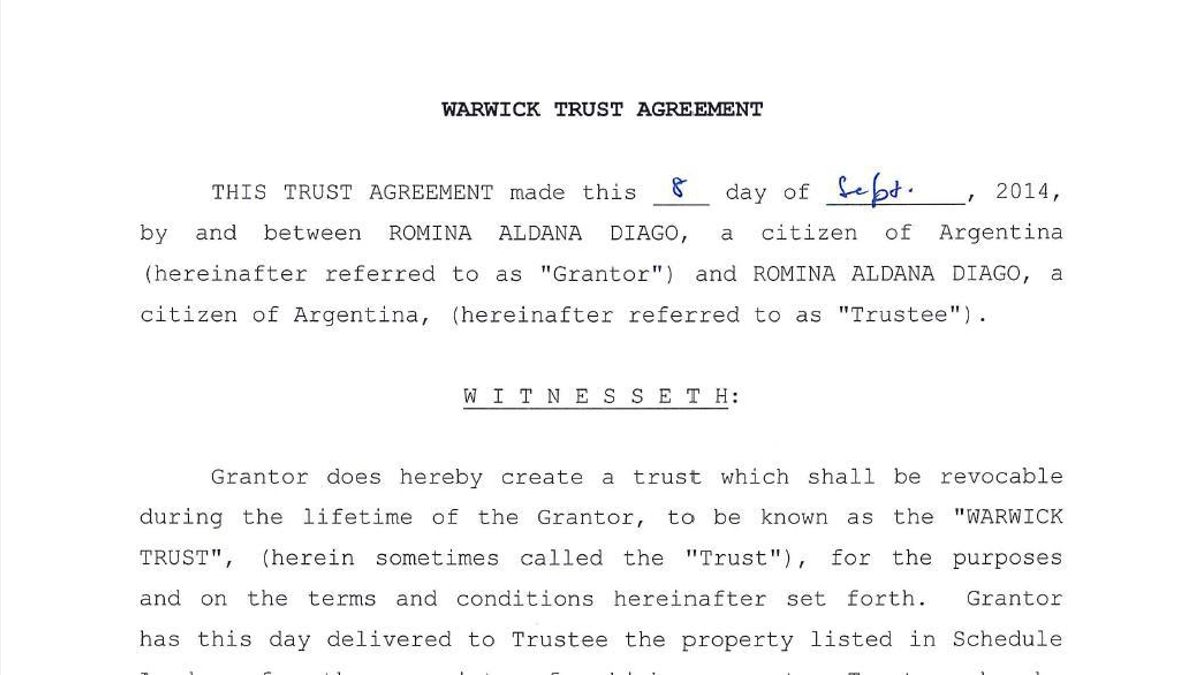 Warwick Trust es un fideocomiso de Florida creado por la esposa de Ritondo en septiembre de 2014 para administrar bienes de la propia Diago en el exterior.