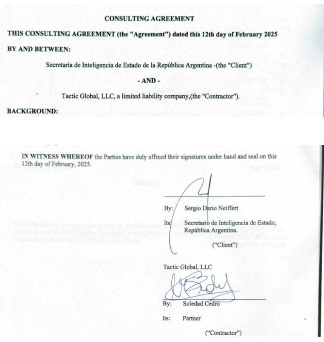 Contrato firmado entre la empresa Tactic, de Scatturice, y la SIDE.