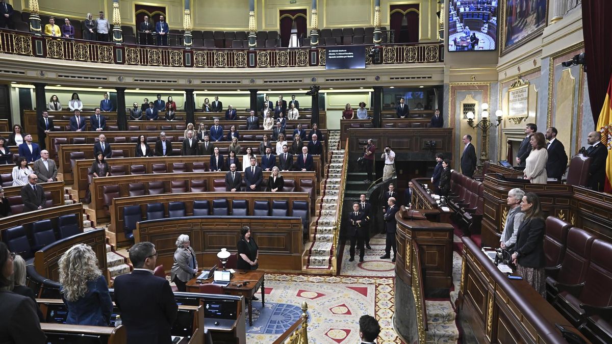 Los diputados guardan un minuto de silencio por las víctimas de violencia machista al inicio de la sesión plenaria del Congreso.