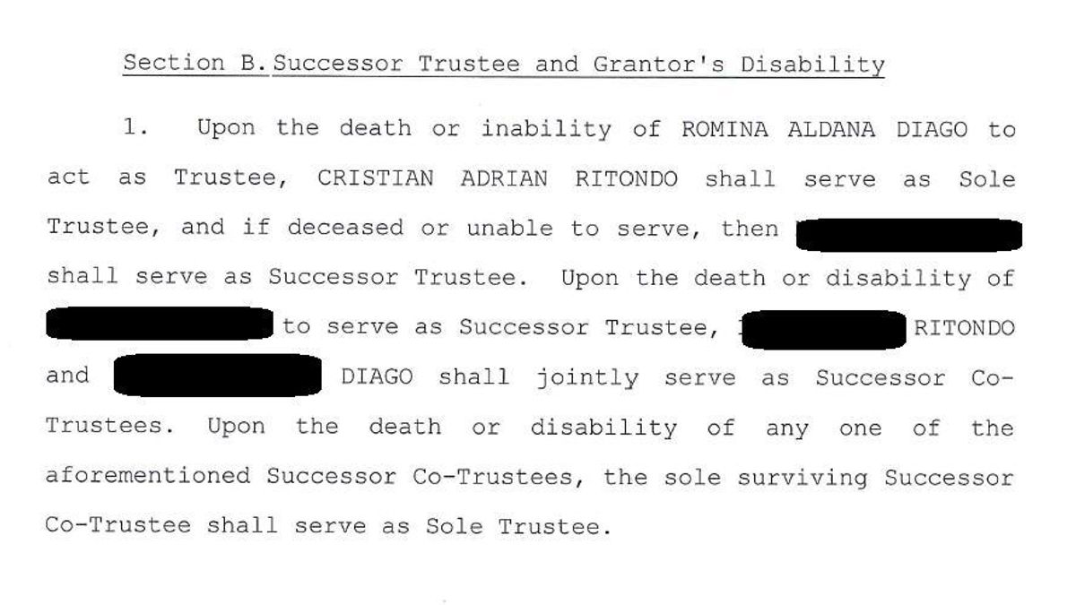 En el fideicomiso de Florida, Diago dejó por escrito que en caso de pasarle algo, Ritondo asumiría como el administrador de una propiedad de US$650.000 en Estados Unidos.