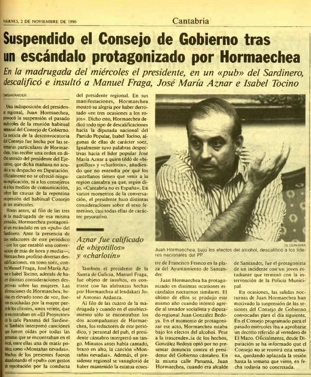 Noticia publicada por El Diario Montañés tras el incidente de Juan Hormaechea en El Proyector.
