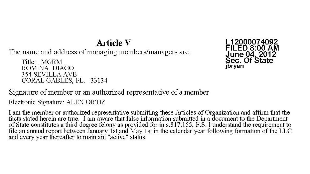 Diago aparece en 2013 como manager de la sociedad Goformore, de Florida, titular, actualmente, de tres departamentos en Miami.