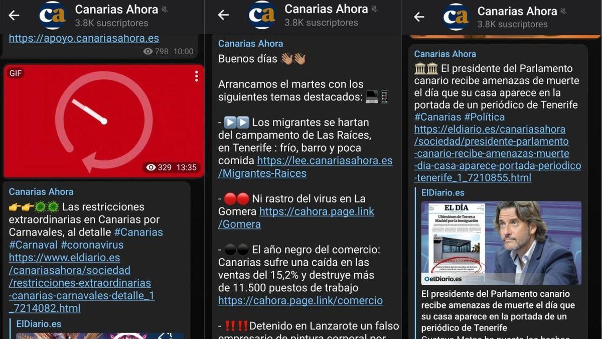 Mensajes distribuidos en el canal de Telegram de Canarias Ahora