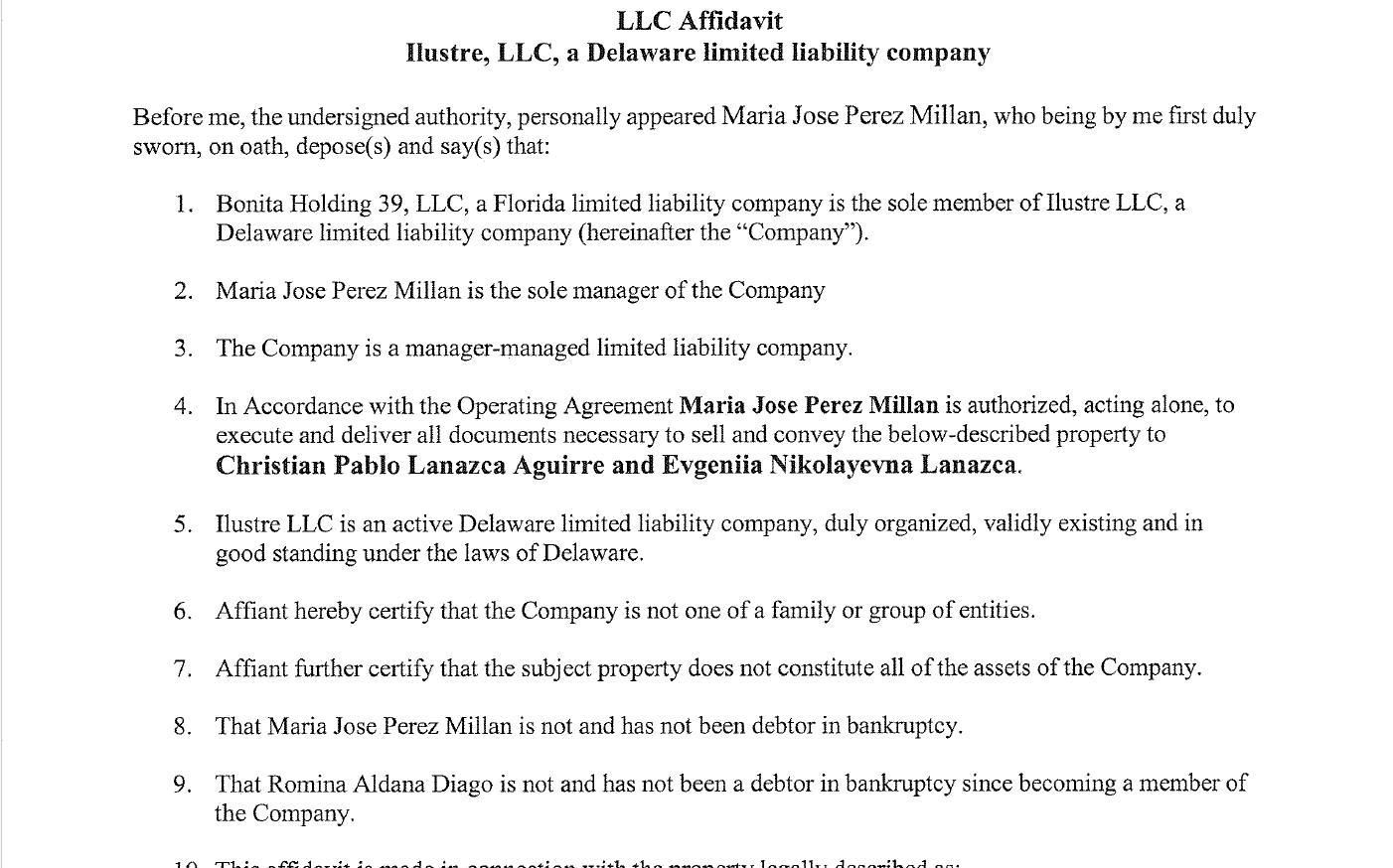 Diago aparece como member o integrante de la sociedad de Florida Bonita Holdings 39. Esta compañía es a su vez accionista de otra sociedad: Ilustre LLC (Delaware). Ilustre es la titular de un departamento en Hallandale Beach, Florida.