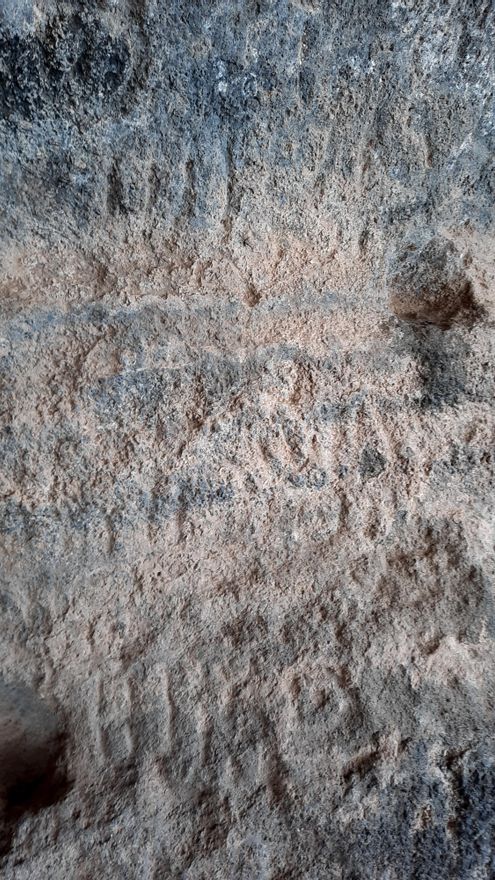 Fragmento del panel de Las Toscas del Guirre, en La Gomera. Con 105 caracteres, es la estación rupestre con más letras de Canarias